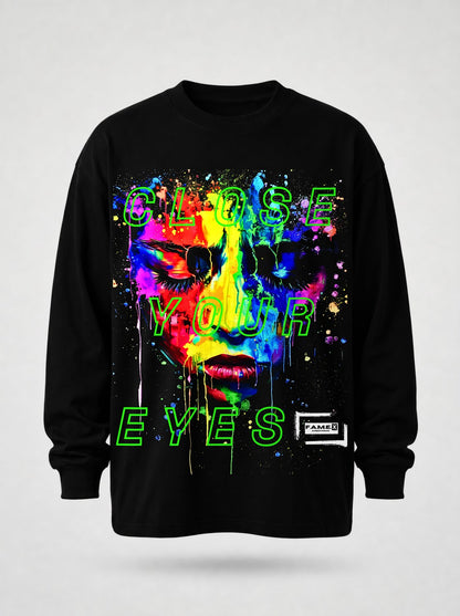 Close Your Eyes surreal pop art portrait long sleeve shirt in black | F.A.M.E. X streetwear