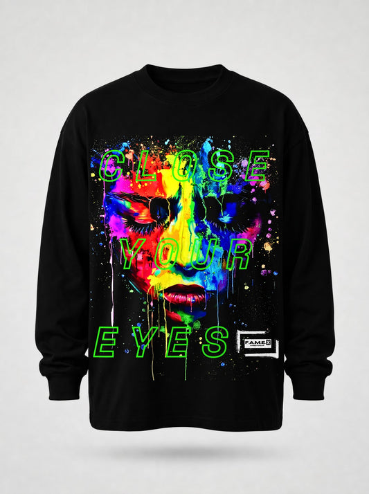 Close Your Eyes surreal pop art portrait long sleeve shirt in black | F.A.M.E. X streetwear