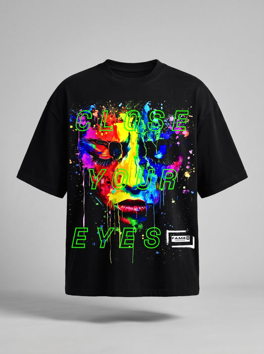Close Your Eyes surreal pop art portrait graphic tee shirt in black | F.A.M.E. X streetwear