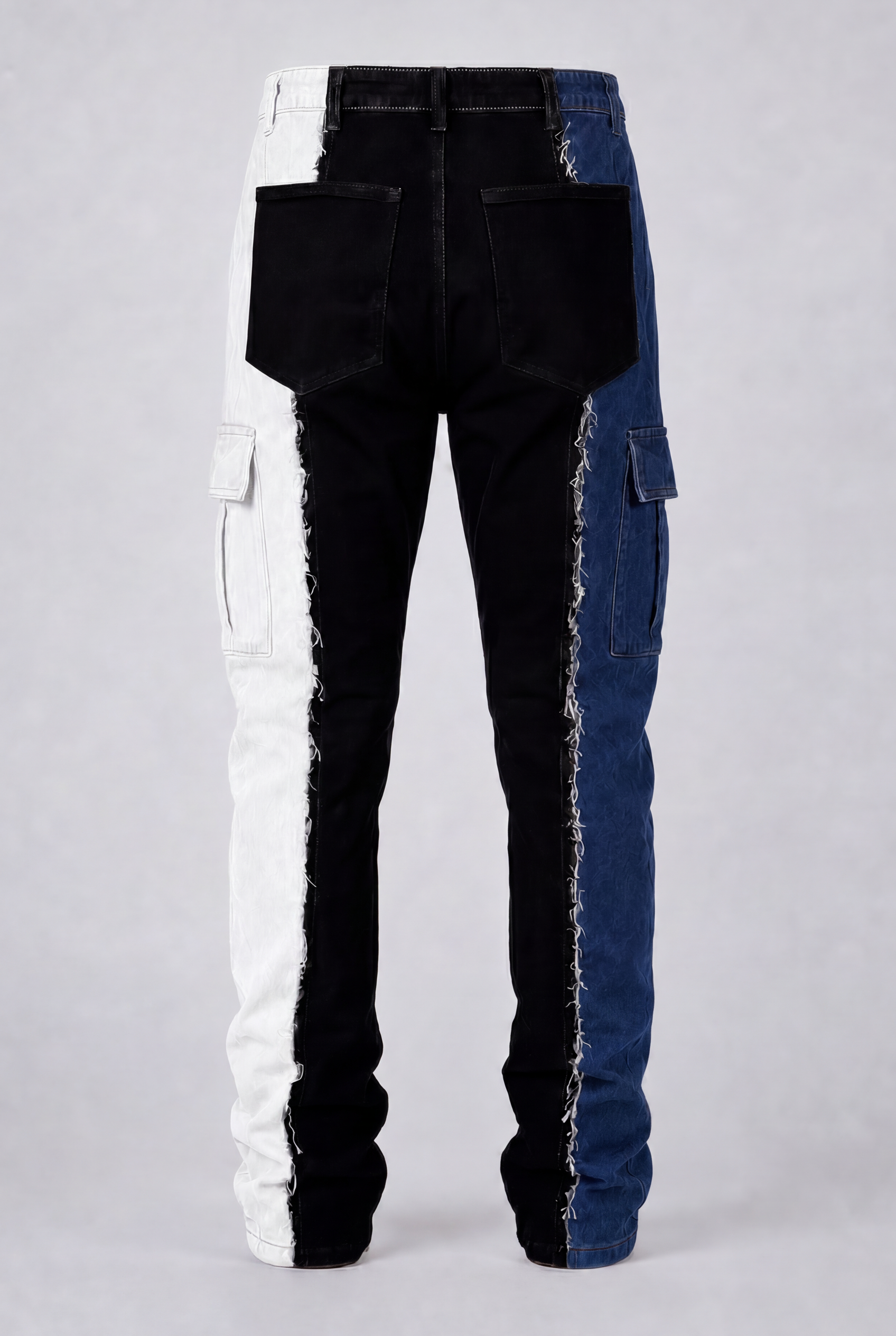 DIE ON SET split color panel denim jeans pre-order back print view | F.A.M.E. X streetwear