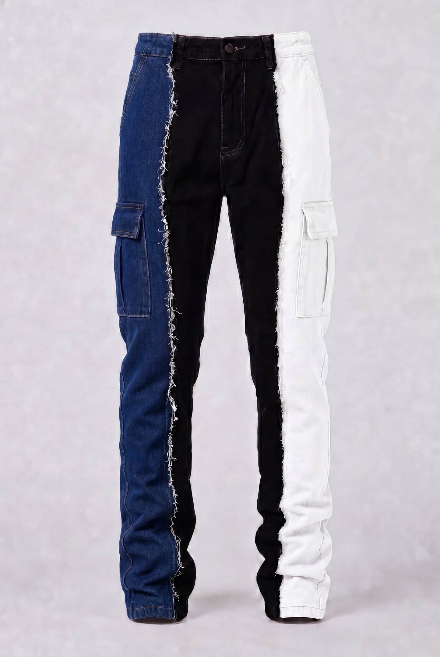 DIE ON SET split color panel denim jeans pre-order front view | F.A.M.E. X streetwear