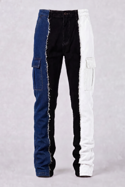 DIE ON SET split color panel denim jeans pre-order front view | F.A.M.E. X streetwear