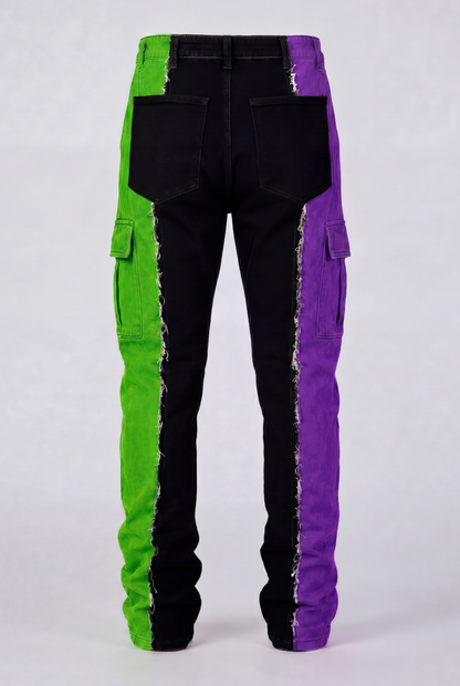 DIE ON SET split color panel denim jeans pre-order back print view | F.A.M.E. X streetwear