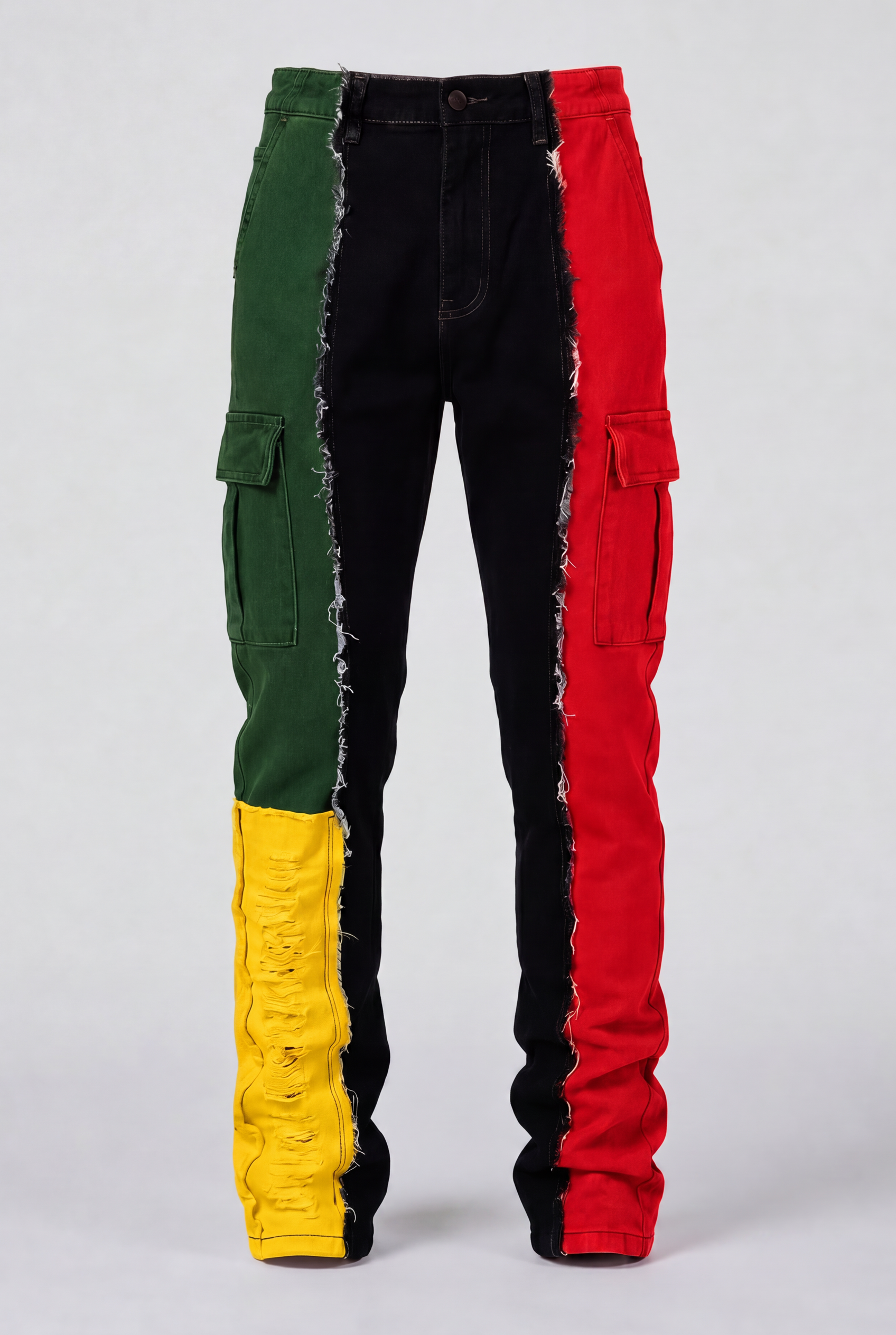 DIE ON SET split color panel denim jeans pre-order front view | F.A.M.E. X streetwear