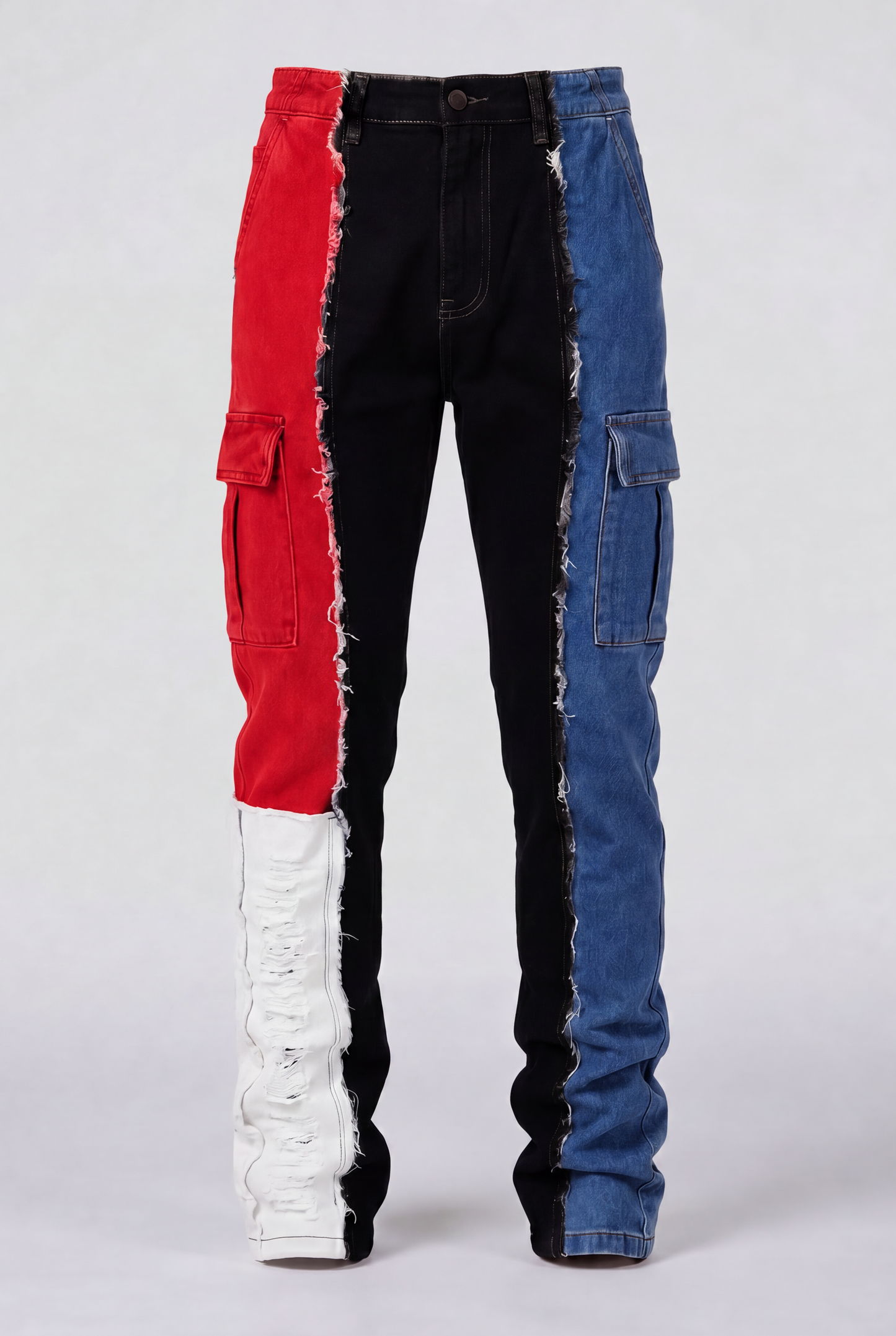 DIE ON SET split color panel denim jeans pre-order front view | F.A.M.E. X streetwear