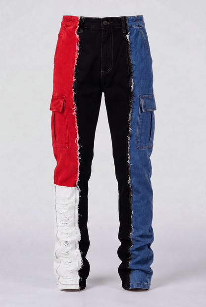 DIE ON SET split color panel denim jeans pre-order front view | F.A.M.E. X streetwear