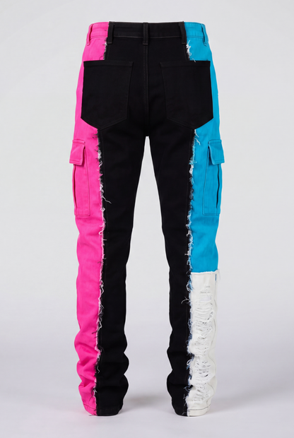DIE ON SET split color panel denim jeans pre-order back print view | F.A.M.E. X streetwear