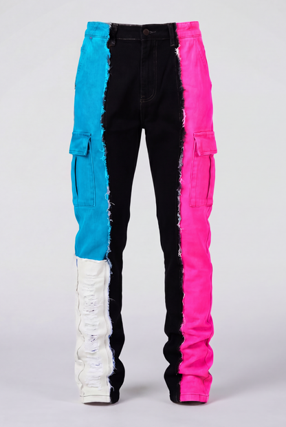 DIE ON SET split color panel denim jeans pre-order front view | F.A.M.E. X streetwear