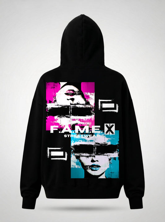 Electric Jane Doe Warhol style pop art hoodie back print view, in black | F.A.M.E. X streetwear
