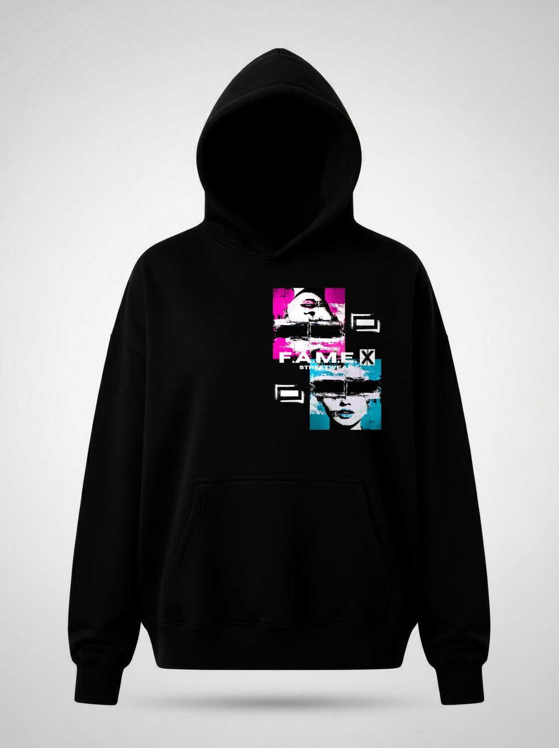 Electric Jane Doe Warhol style pop art hoodie front view, in black | F.A.M.E. X streetwear