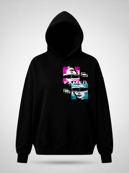 Electric Jane Doe Warhol style pop art hoodie front view, in black | F.A.M.E. X streetwear