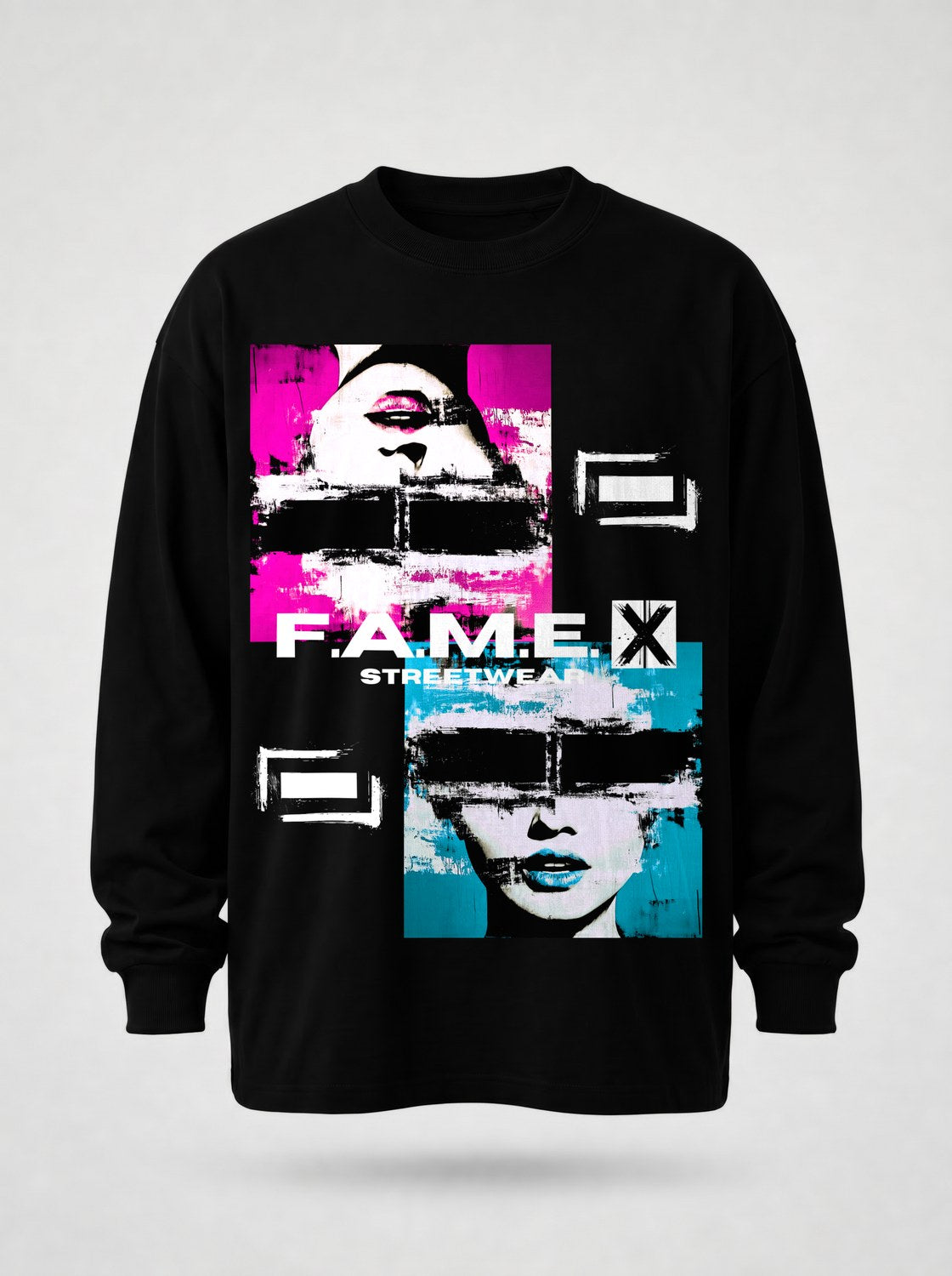 Electric Jane Doe Warhol style pop art long sleeve shirt in black | F.A.M.E. X streetwear