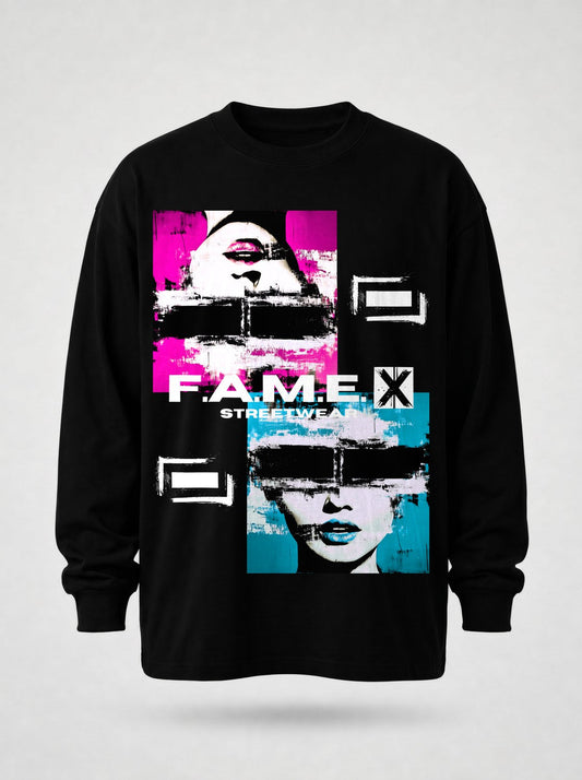 Electric Jane Doe Warhol style pop art long sleeve shirt in black | F.A.M.E. X streetwear