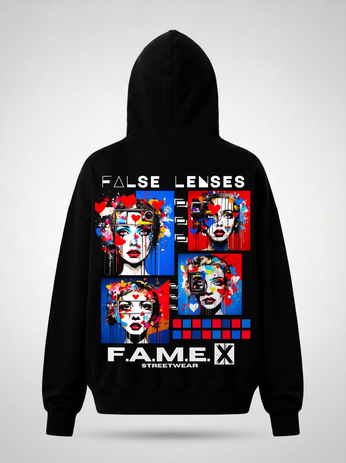 False Lenses pop surrealism lashes portrait hoodie back print view, in black | F.A.M.E. X streetwear