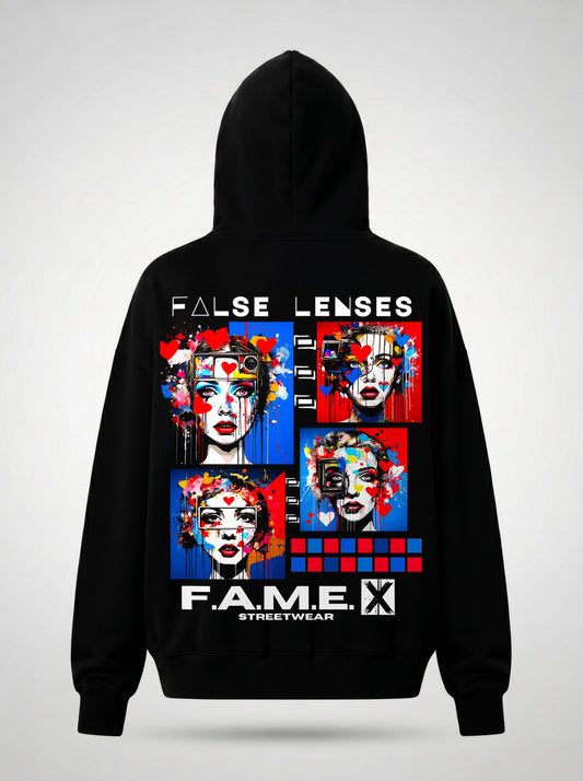 False Lenses pop surrealism lashes portrait hoodie back print view, in black | F.A.M.E. X streetwear