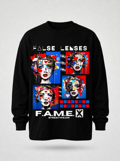 False Lenses pop surrealism lashes portrait long sleeve shirt in black | F.A.M.E. X streetwear