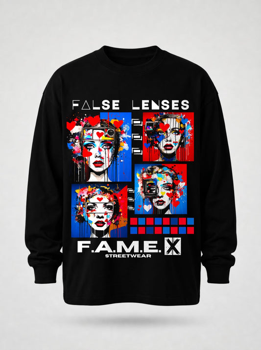 False Lenses pop surrealism lashes portrait long sleeve shirt in black | F.A.M.E. X streetwear