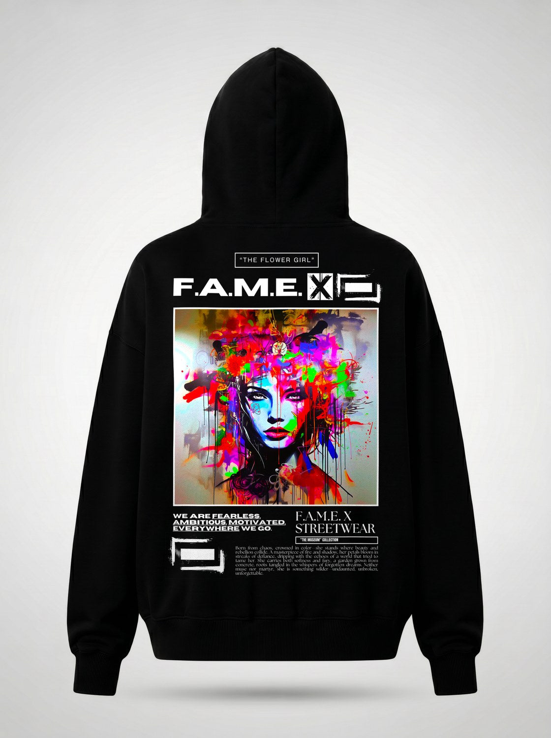 The Flower Girl flower crown pop art portrait hoodie back print view, in black | F.A.M.E. X streetwear
