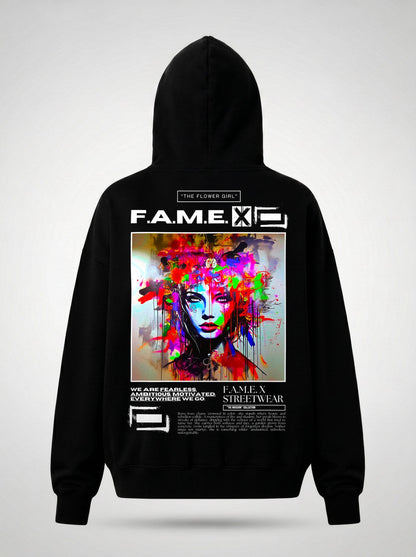 The Flower Girl flower crown pop art portrait hoodie back print view, in black | F.A.M.E. X streetwear