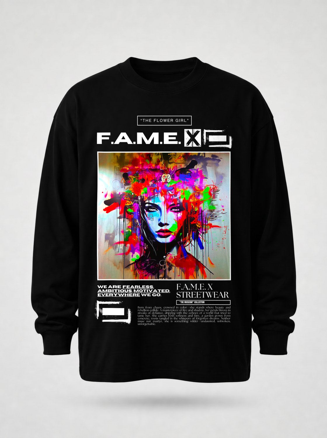 The Flower Girl flower crown pop art portrait long sleeve shirt in black | F.A.M.E. X streetwear