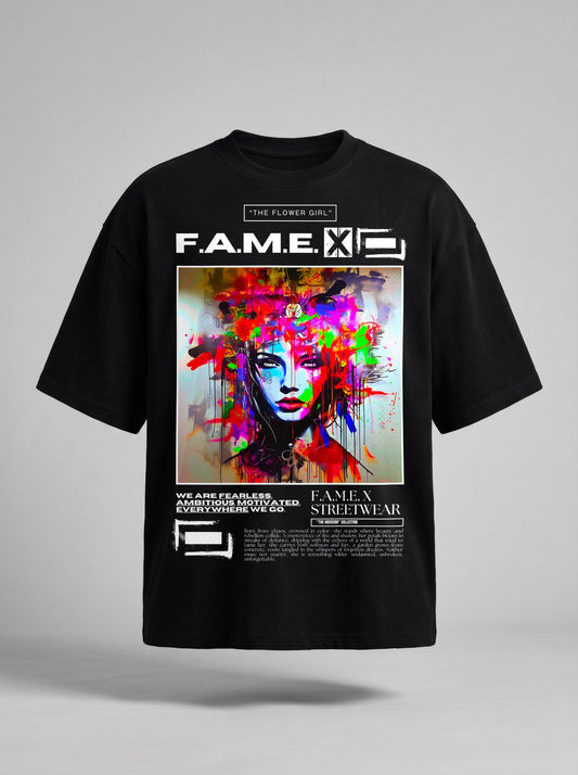The Flower Girl flower crown pop art portrait graphic tee shirt in black | F.A.M.E. X streetwear