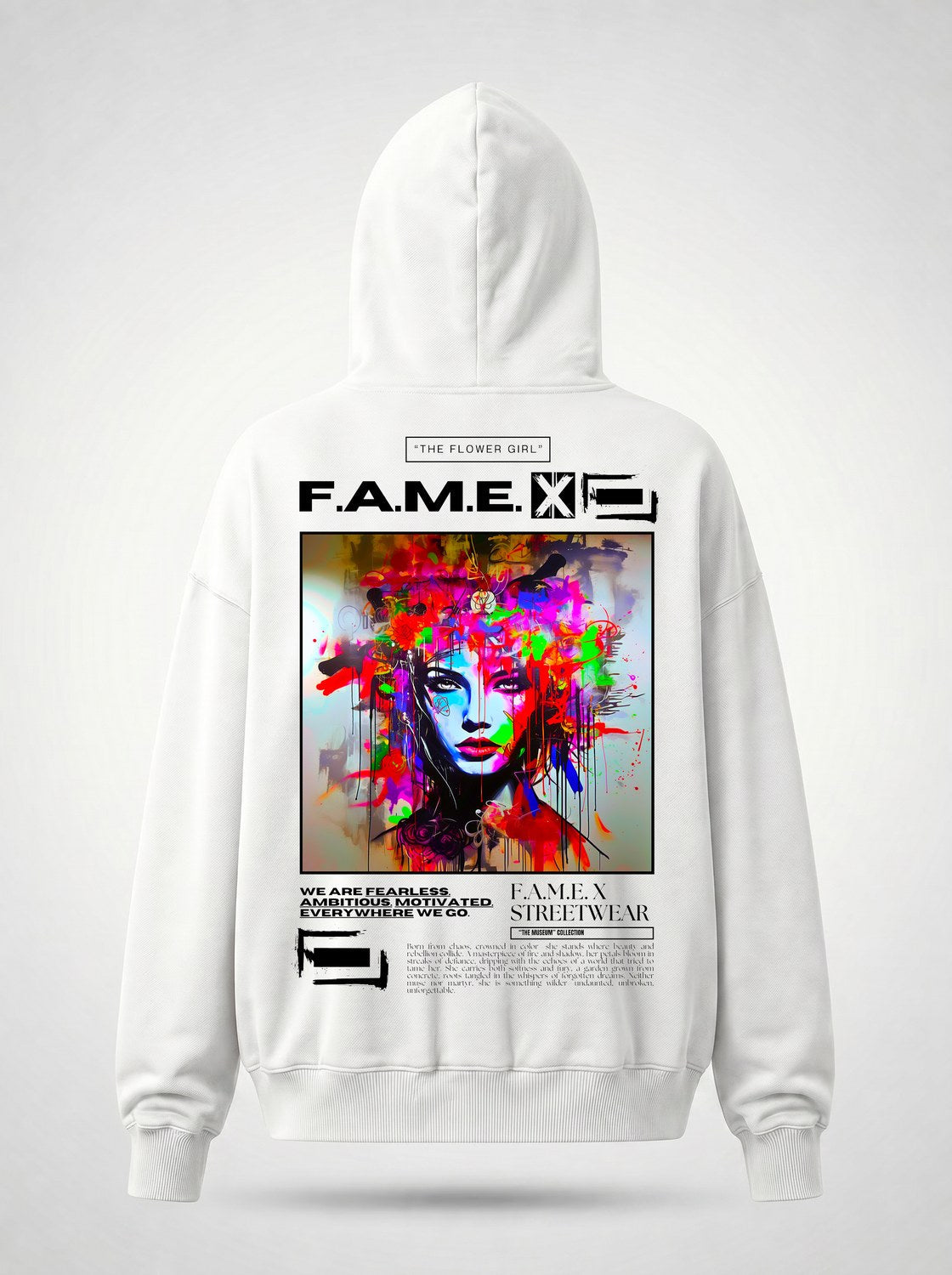 The Flower Girl flower crown pop art portrait hoodie back print view, in white | F.A.M.E. X streetwear