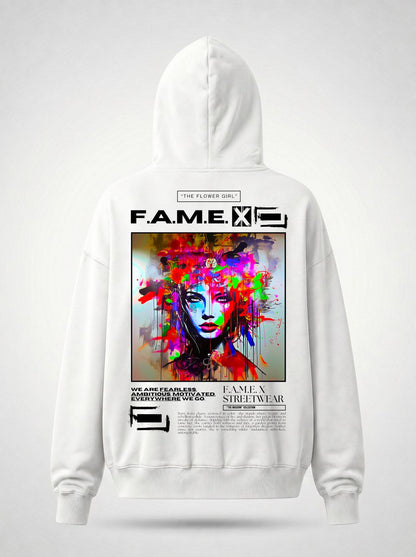 The Flower Girl flower crown pop art portrait hoodie back print view, in white | F.A.M.E. X streetwear