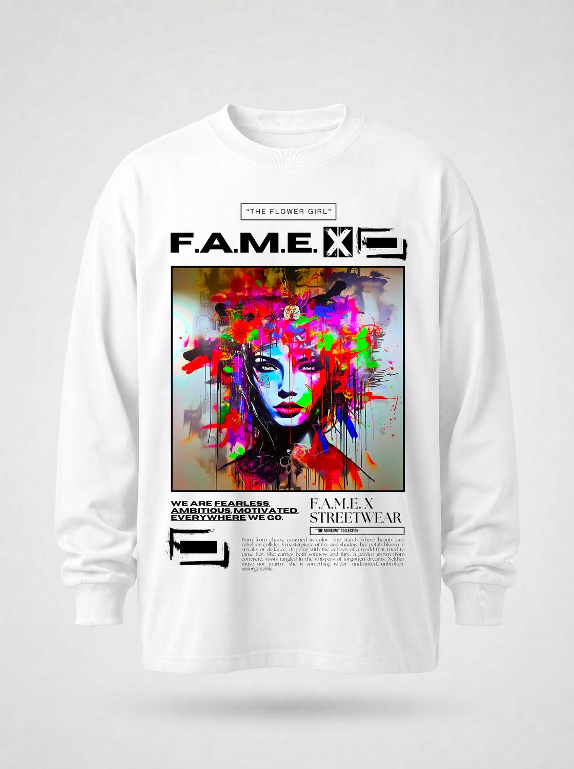 The Flower Girl flower crown pop art portrait long sleeve shirt in white | F.A.M.E. X streetwear