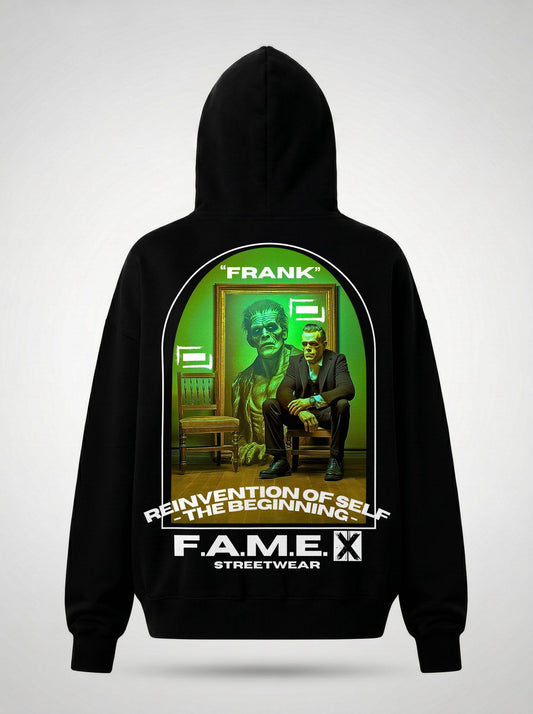 Frank Frankenstein parody art hoodie back print view, in black | F.A.M.E. X streetwear