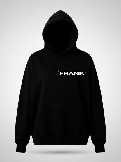 Frank Frankenstein parody art hoodie front view, in black | F.A.M.E. X streetwear