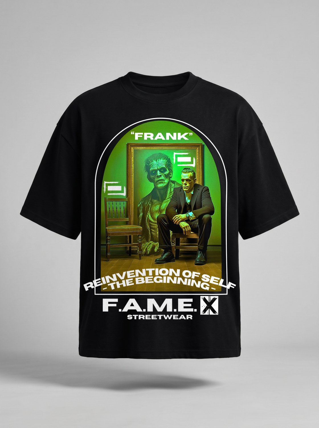 Frank Frankenstein parody art graphic tee shirt in black | F.A.M.E. X streetwear