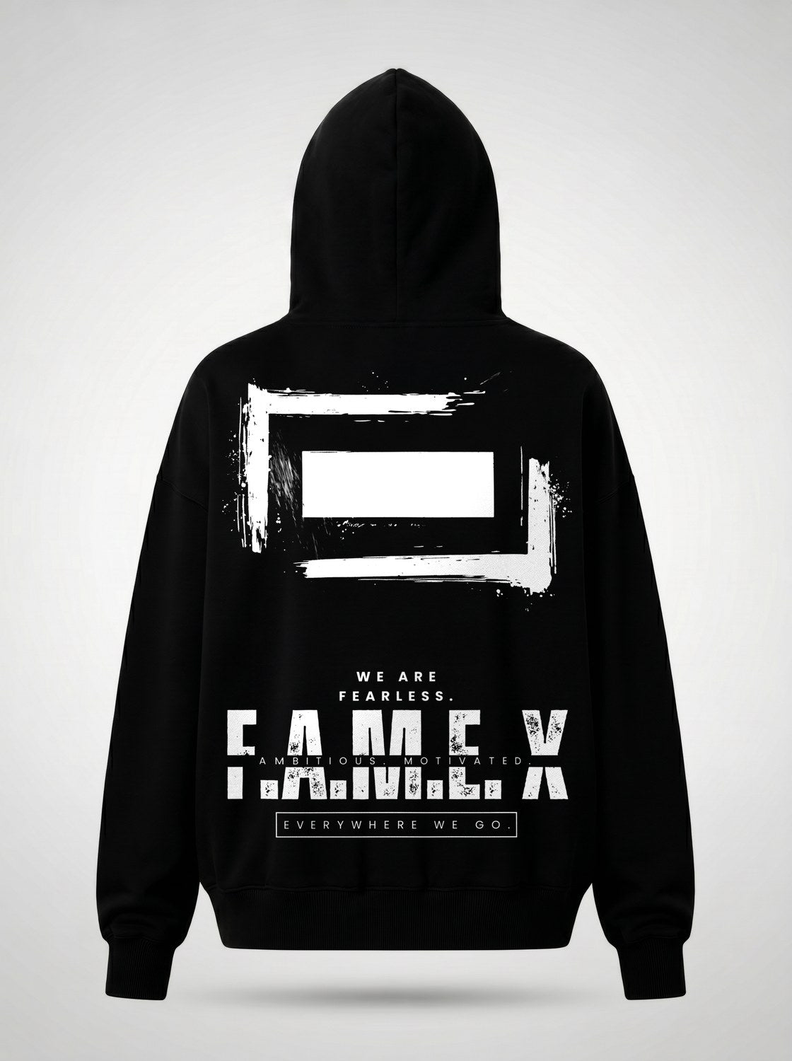 F.A.M.E. X broken frame logo hoodie back print view, in black | F.A.M.E. X streetwear