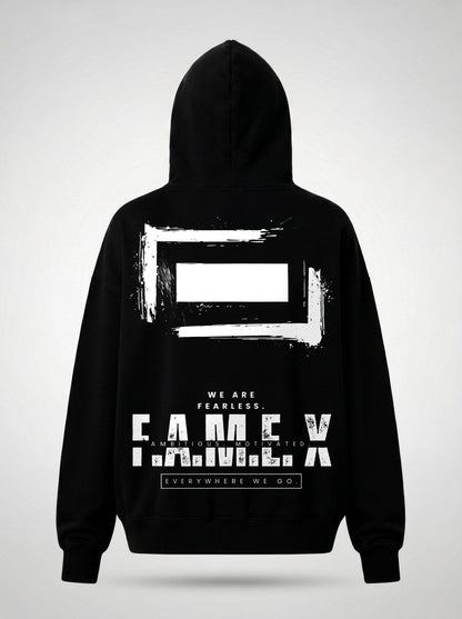 F.A.M.E. X broken frame logo hoodie back print view, in black | F.A.M.E. X streetwear