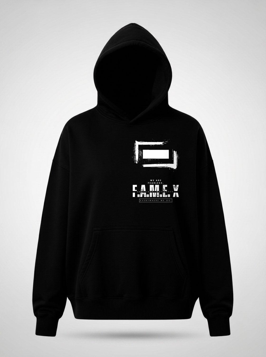 F.A.M.E. X broken frame logo hoodie front view, in black | F.A.M.E. X streetwear