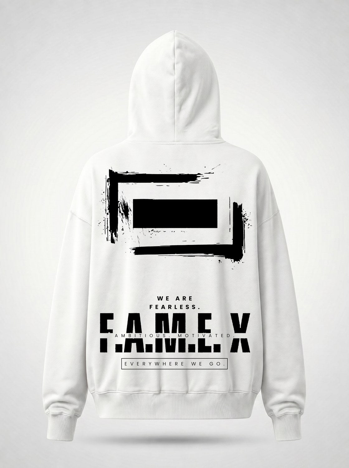 F.A.M.E. X broken frame logo hoodie back print view, in white | F.A.M.E. X streetwear