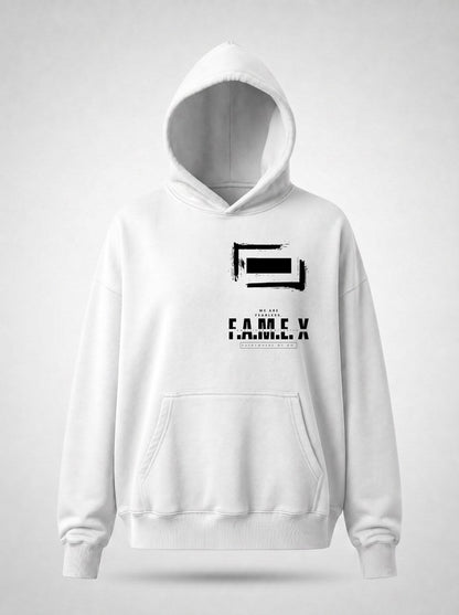 F.A.M.E. X broken frame logo hoodie front view, in white | F.A.M.E. X streetwear