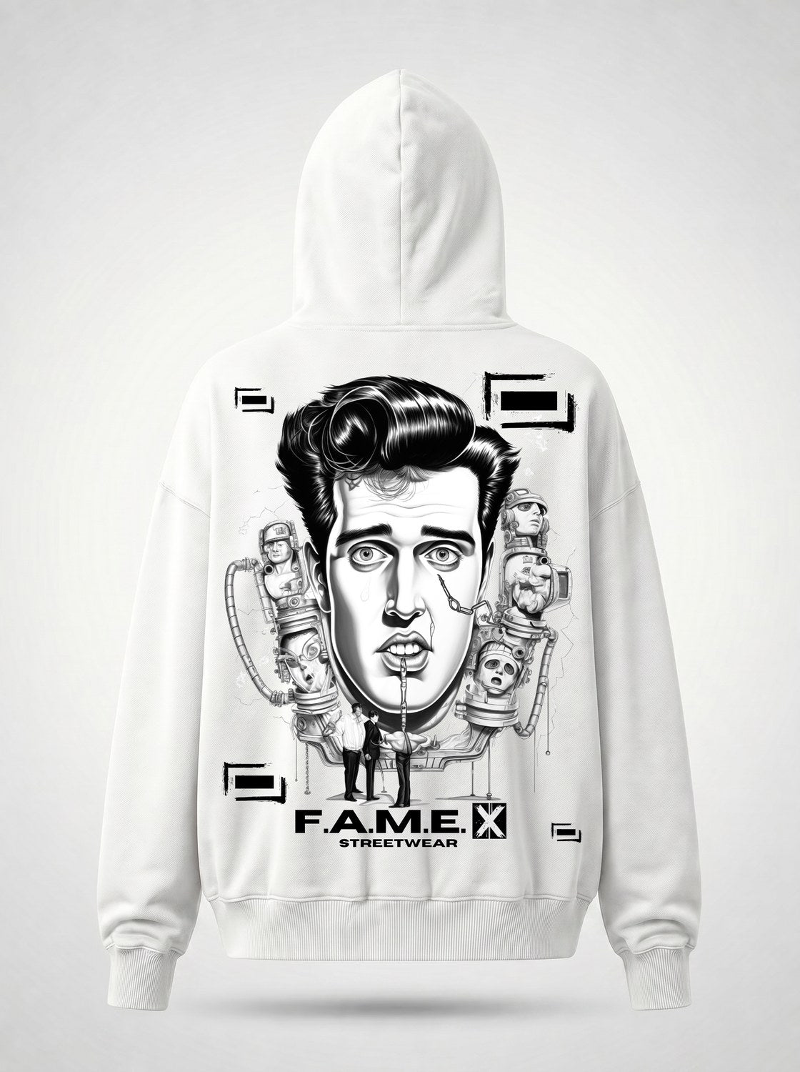 Man-Made King Elvis inspired king of rock pop art hoodie back print view, in white | F.A.M.E. X streetwear
