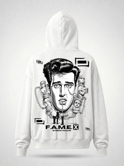 Man-Made King Elvis inspired king of rock pop art hoodie back print view, in white | F.A.M.E. X streetwear