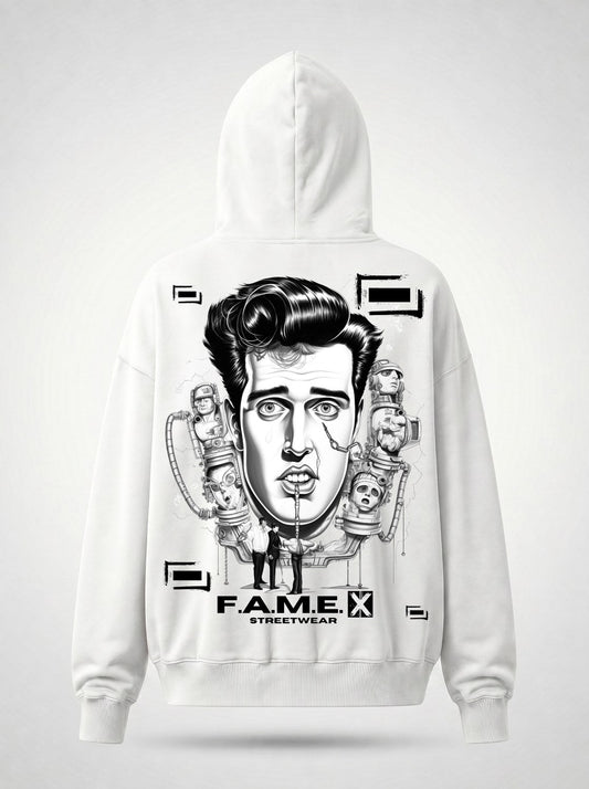 Man-Made King Elvis inspired king of rock pop art hoodie back print view, in white | F.A.M.E. X streetwear