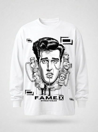 Man-Made King Elvis inspired king of rock pop art long sleeve shirt in white | F.A.M.E. X streetwear