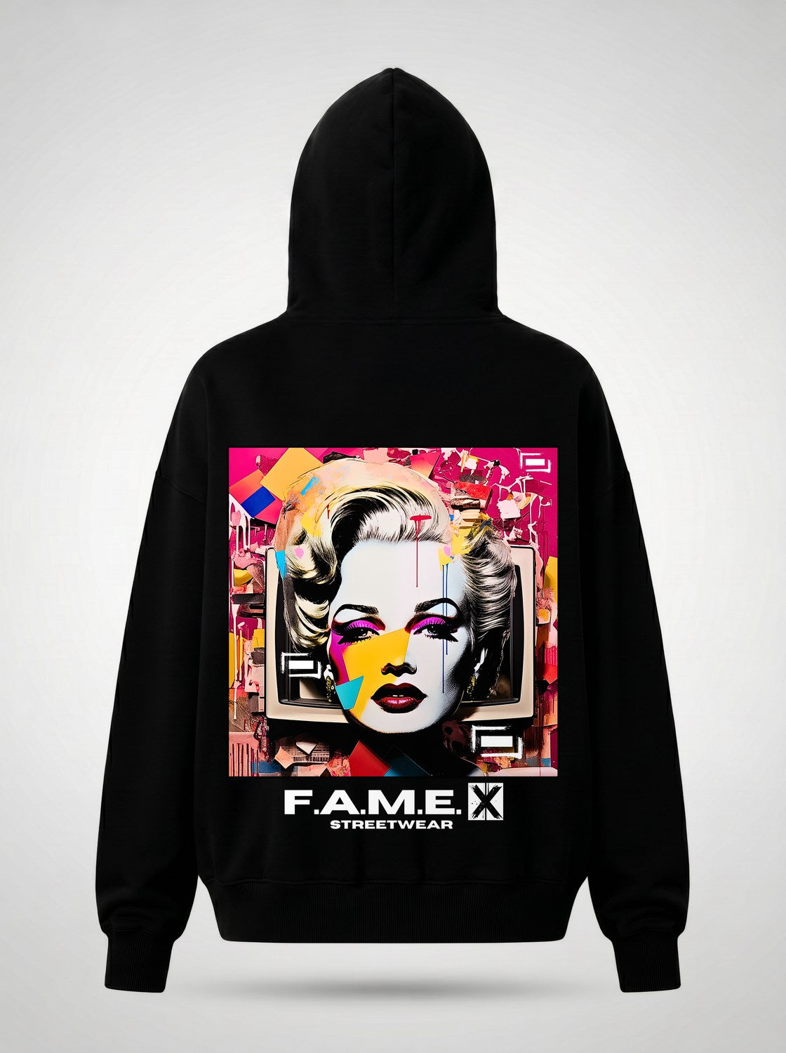 Marilyn Monroe pop art parody hoodie back print view, in black | F.A.M.E. X streetwear