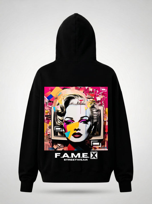 Marilyn Monroe pop art parody hoodie back print view, in black | F.A.M.E. X streetwear