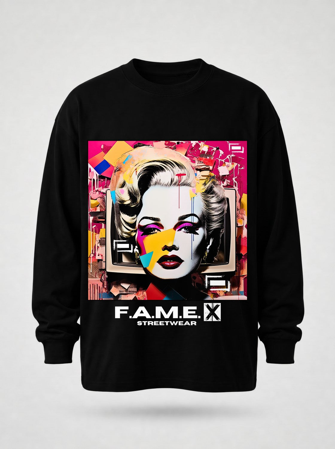 Marilyn Monroe pop art parody long sleeve shirt flat lay, in black | F.A.M.E. X streetwear