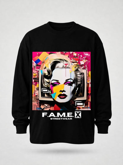 Marilyn Monroe pop art parody long sleeve shirt flat lay, in black | F.A.M.E. X streetwear