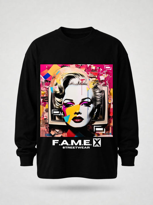 Marilyn Monroe pop art parody long sleeve shirt flat lay, in black | F.A.M.E. X streetwear