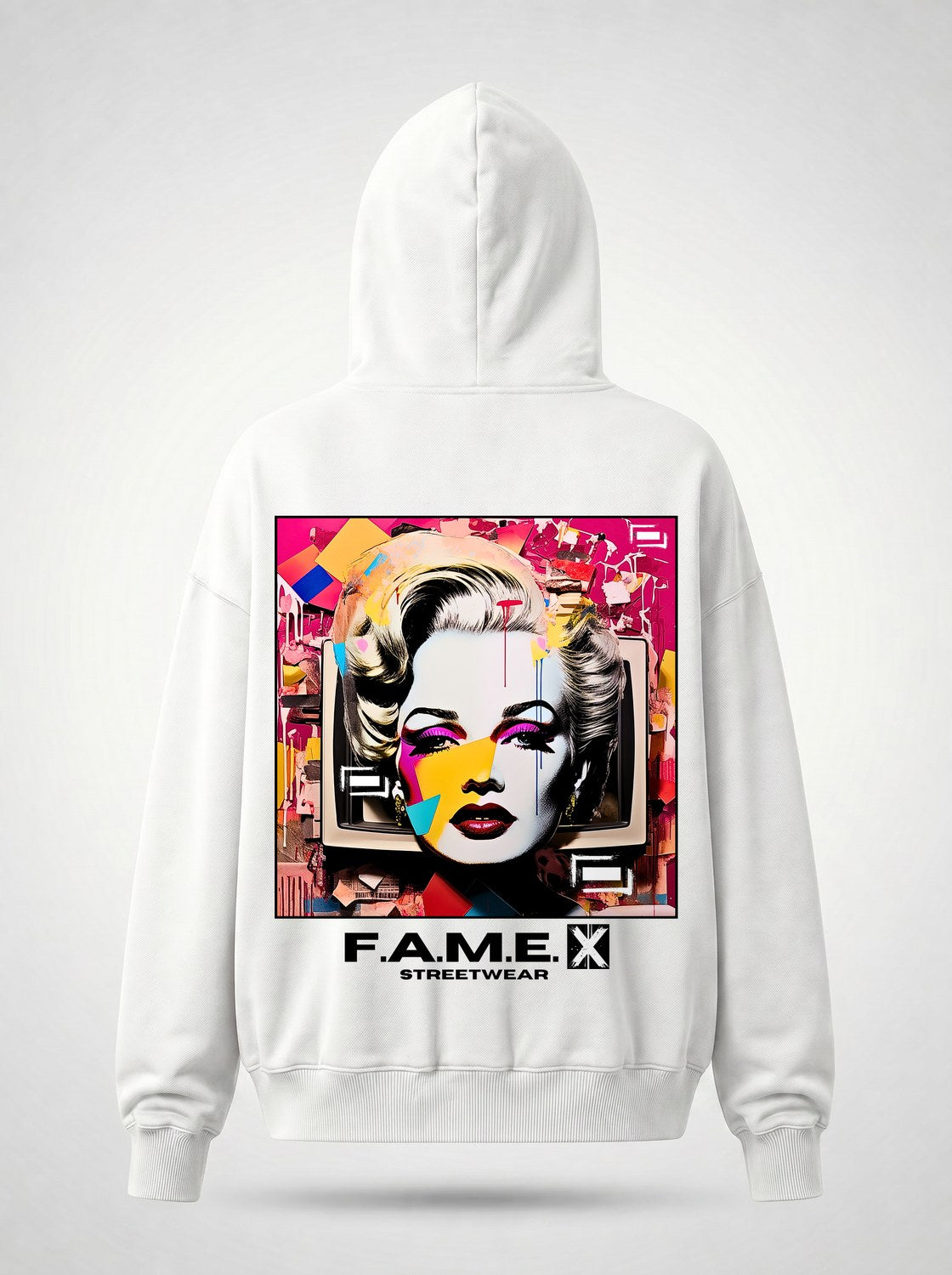 Marilyn Monroe pop art parody hoodie back print view, in white | F.A.M.E. X streetwear