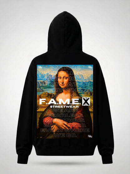 Mona Lisa twin parody art hoodie back print view, in black | F.A.M.E. X streetwear