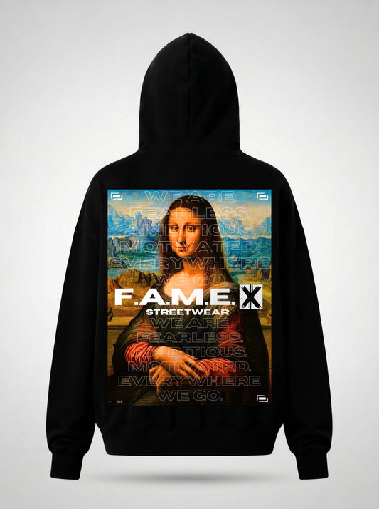 Mona Lisa twin parody art hoodie back print view, in black | F.A.M.E. X streetwear