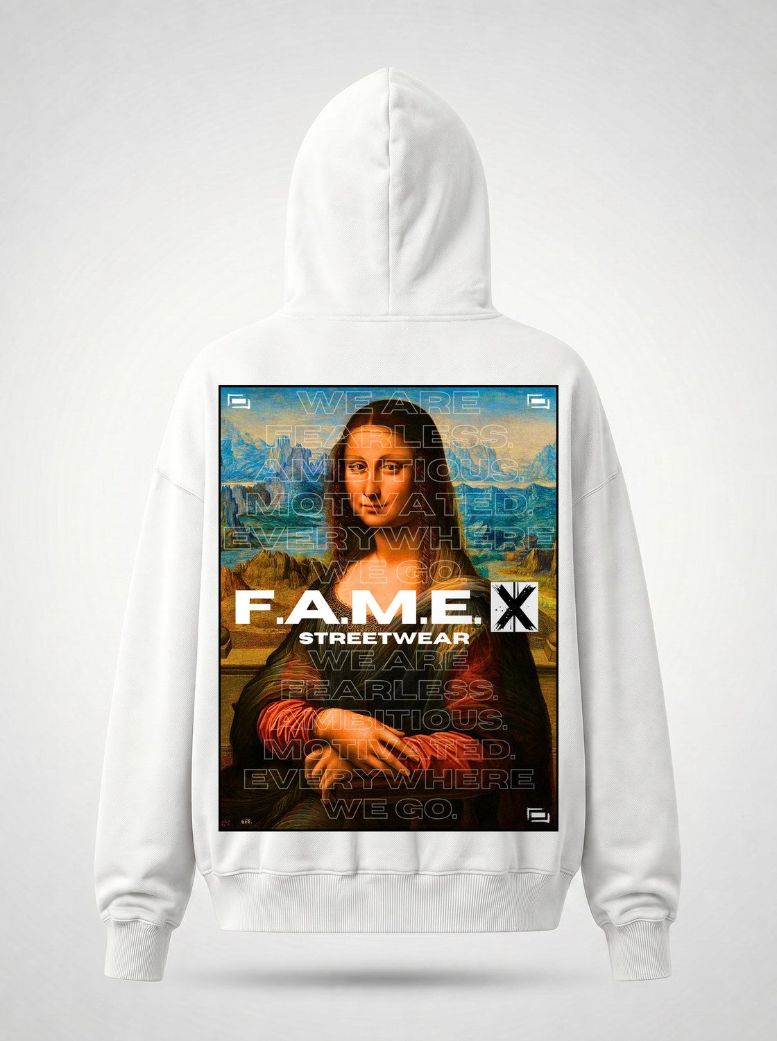 Mona Lisa twin parody art hoodie back print view, in white | F.A.M.E. X streetwear