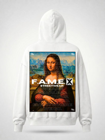 Mona Lisa twin parody art hoodie back print view, in white | F.A.M.E. X streetwear